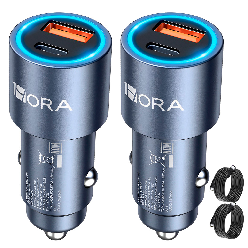 Carregador Veicular Carro 1Hora 3A+Cabo Usb Tipo C Azul 2 Unidades