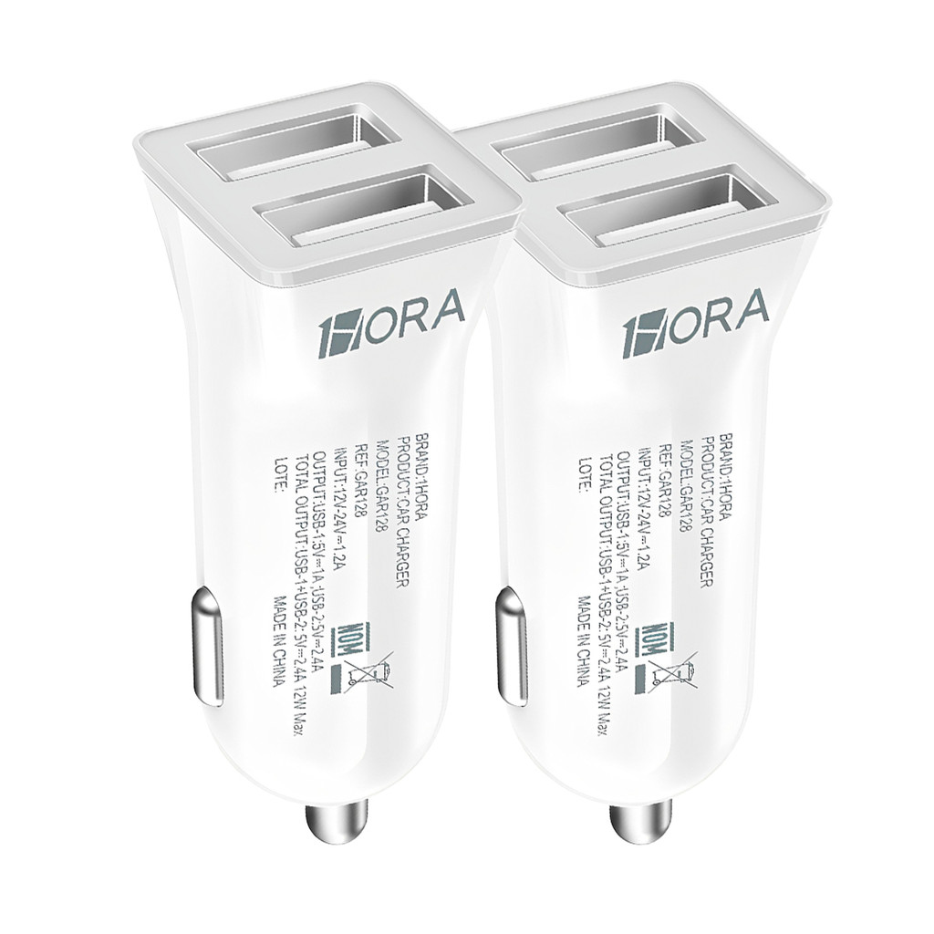 Carregador Veicular Carro 1Hora Portas Usb A 2.4A Branco 2 Unidades