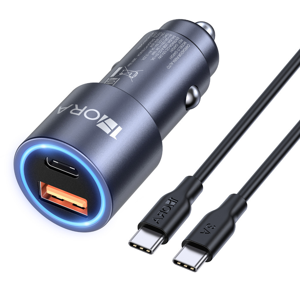 Carregador Veicular Celular Duplo 2 Fontes 1 USB  1tipo-c  turbo FONTE CABO 3.1A 1hora