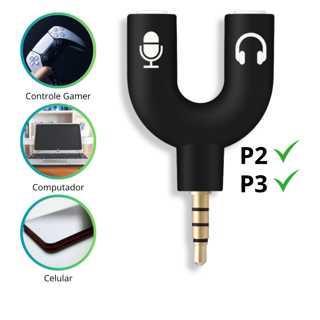 Conversor Jack Aux De 3.5 Mm Estéreo Macho Para Fone De Ouvido E Adaptador Divisor Fêmea De Microfone
