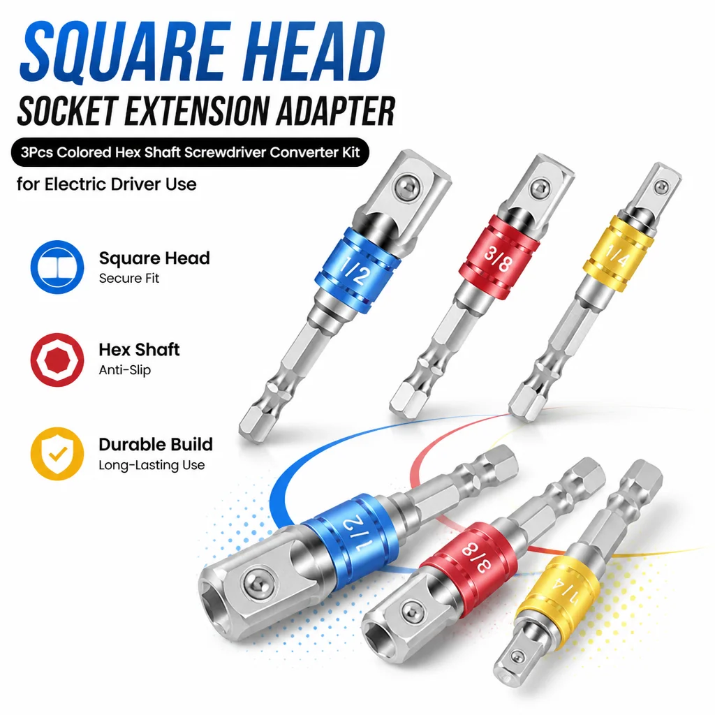 Square Head Socket Extension Adapter, 3Pcs Colored Hex Shaft Screwdriver Converter Kit for Electric Driver Use