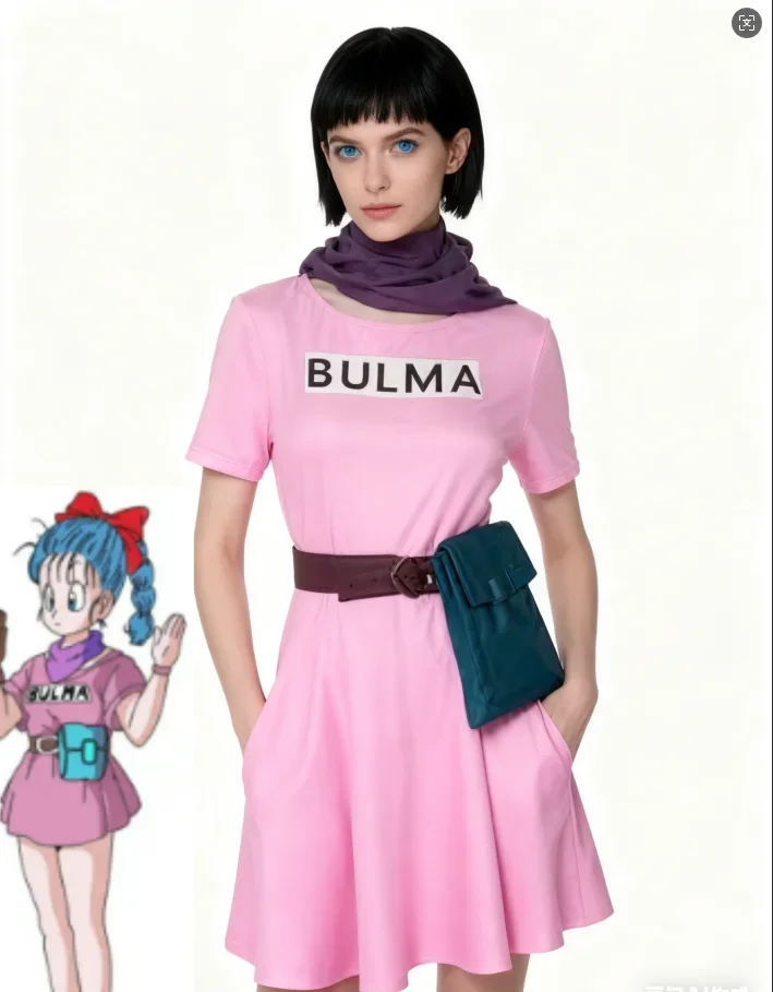 Anime Bulma Cosplay Costume Pink Dress Animation Suits Son Goku Gui Carnival  Adult Halloween Christmas Role-playing Costume Wig