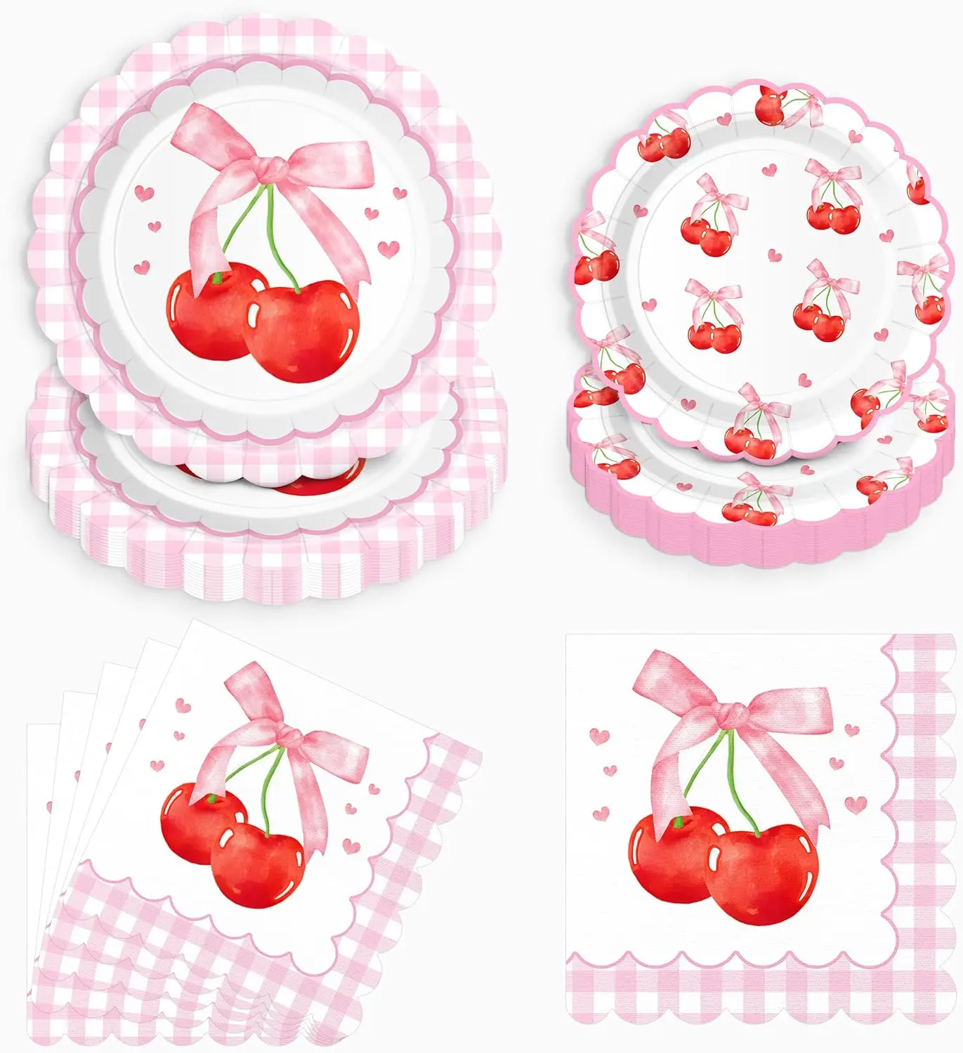 Sweet Cherry Party Disposable Tableware Pink Bow Gingham Plates Cups Napkins For Girl Happy Birthday Princess Baby Shower