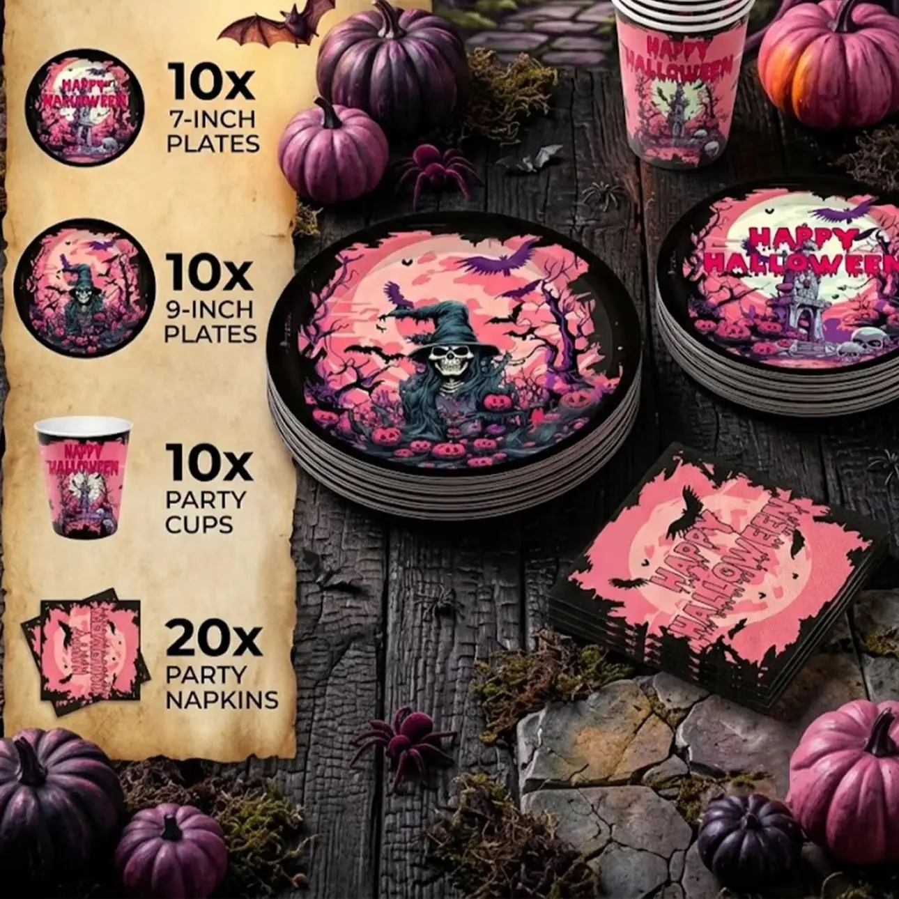 Pink Purple Skeleton Witch Halloween Paper Tableware Set, Plates Cups Napkins For Gothic Theme Party