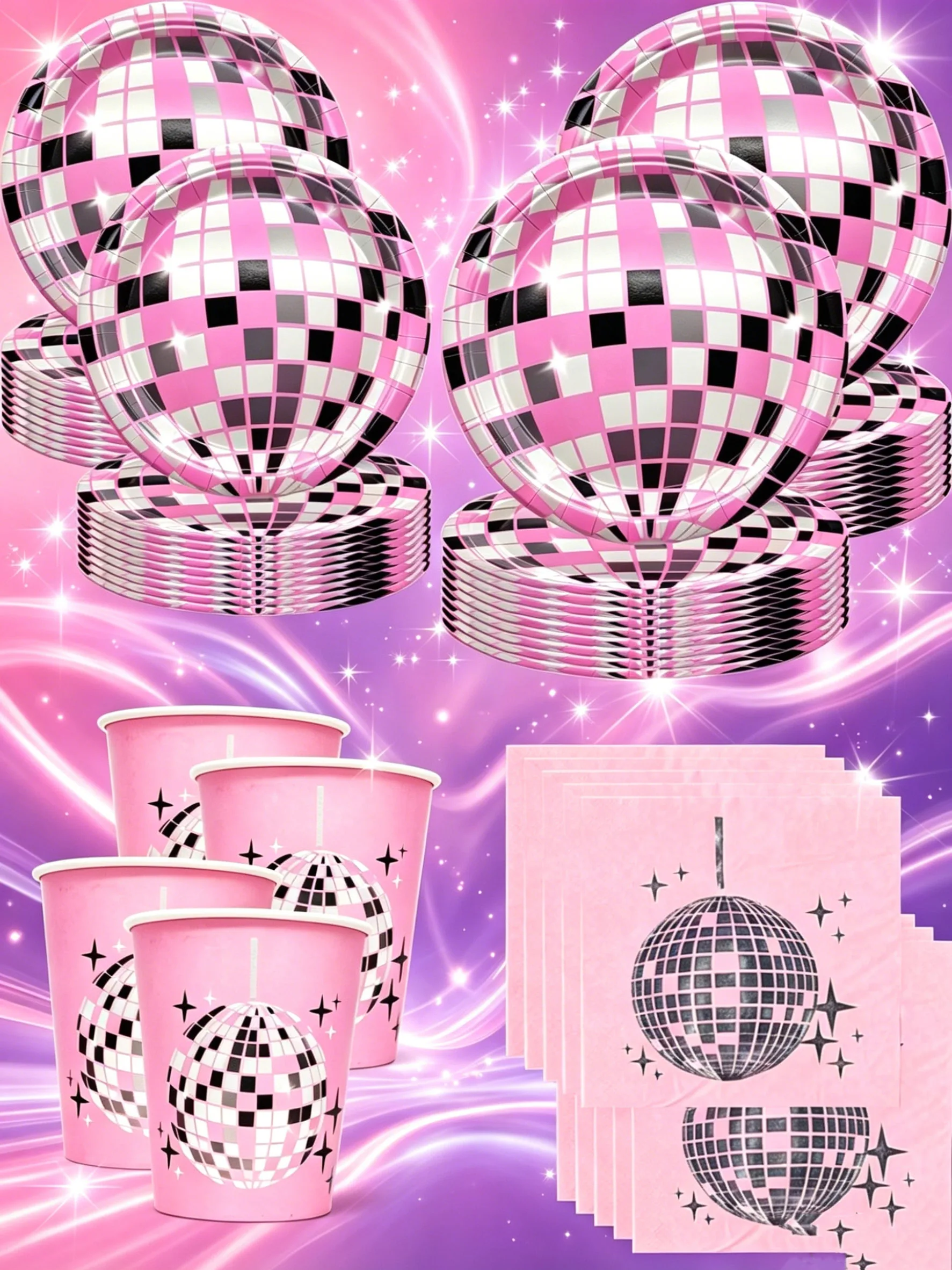 Pink Disco Ball Paper Tableware Set, Plates Cups Napkins For Retro Dance & Girls Birthday Parties