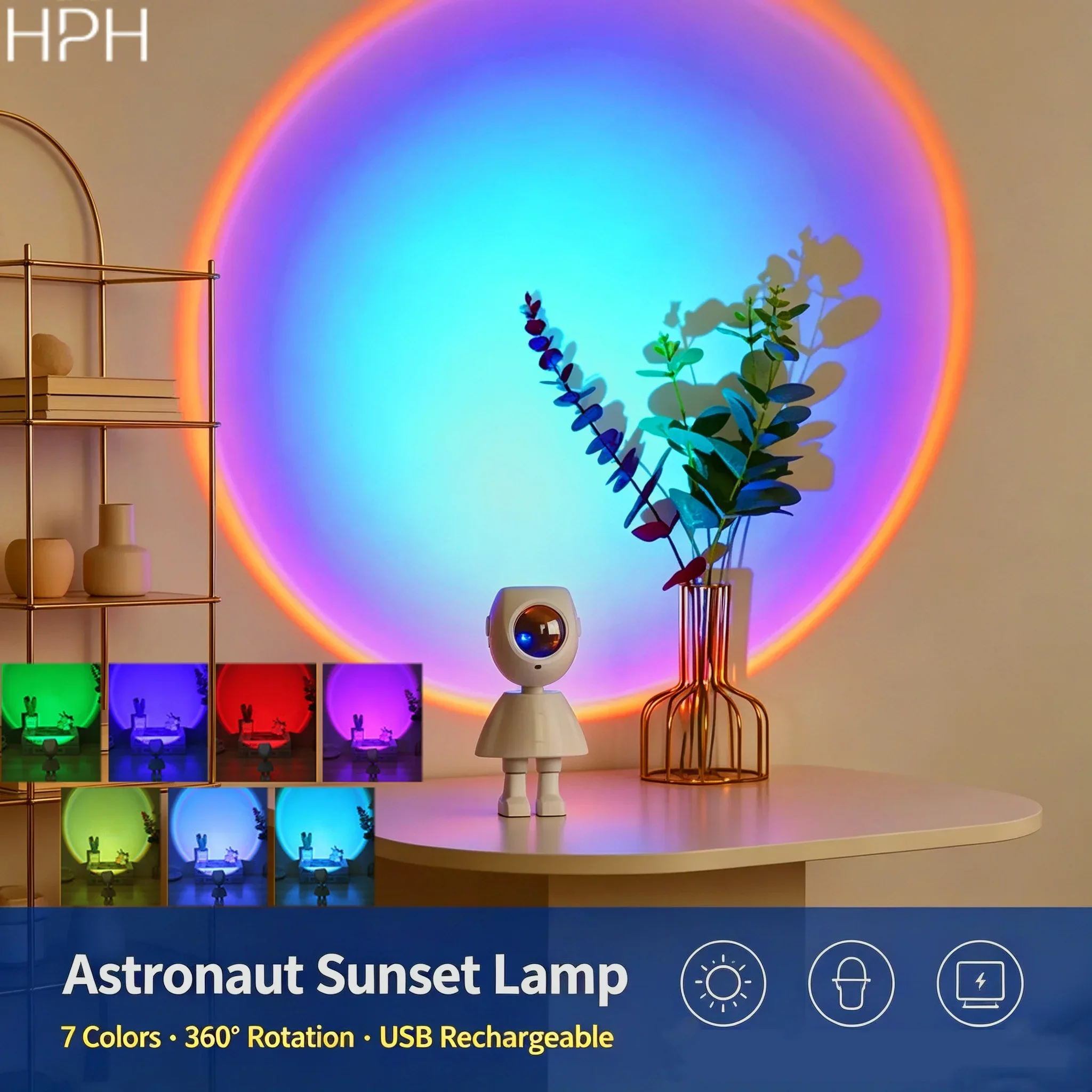 HPH LED Light Sunset Light RGB Astronaut Light Rainbow Projection Night Light for Bedroom Home Decor Rechargeable Ambient Light