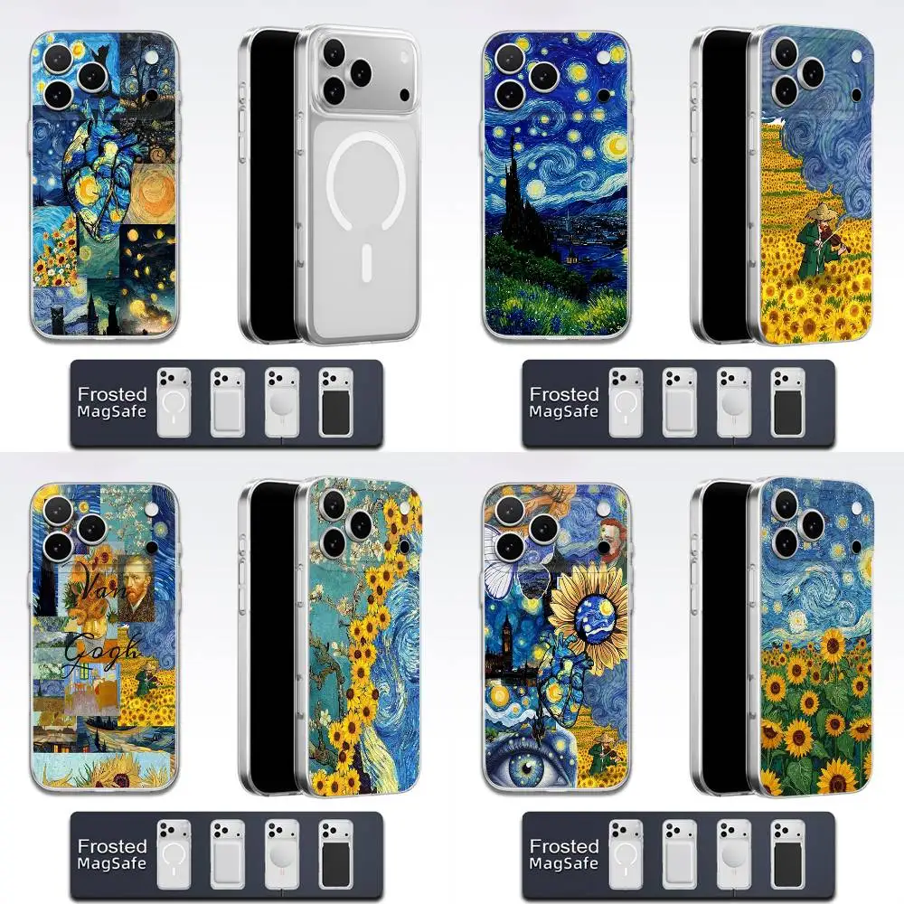Van Gogh Starry Night Sunflower Cat Phone Case For iPhone 17,16,15,14,13,12,11,Pro,Max,Plus,E,Air,Mini Magsafe Transparent