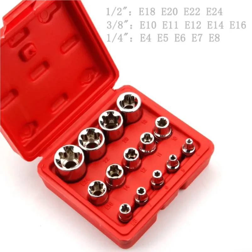 With a Case E4-E24 Star Socket Set 14-Pieces Auto Repair Tools Wrench Head External Torx Socket Set Female E Torx Socket Set
