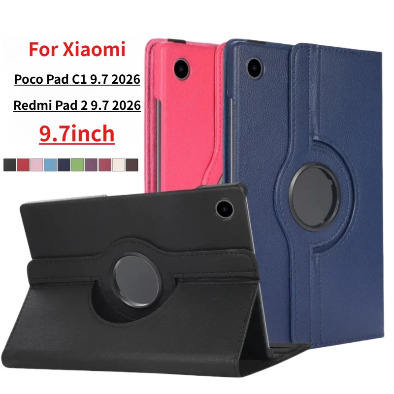For Redmi Pad 2 9.7 inch Case 2026 360 Rotating Stand Smart Flip PU Leather Funda For Xiaomi Poco Pad C1 9.7'' Tablets Cover