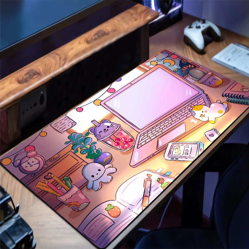 Mouse Pad Gaming Cozi Lofi Plant Mousepad Kawaii Gamer Keyboard Pads Office Laptop Desk Mats PC Non-Slip Rubber Home Table Mat