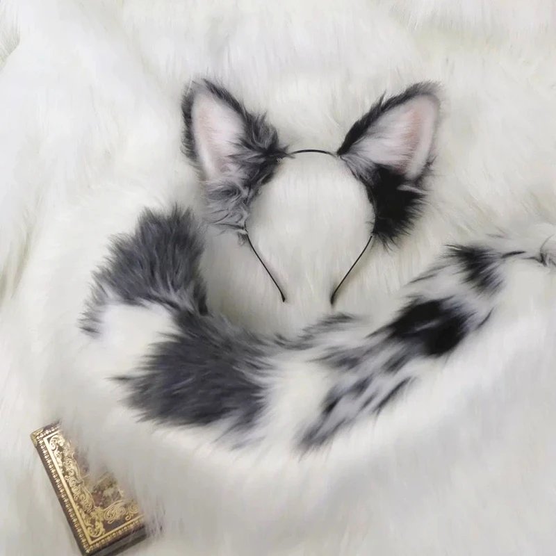 Custom Halloween Dog Border Collie Ears Hairhoop Heagwear Tail Gray Black White for Anime Lolita Cosplay Costume Accessories