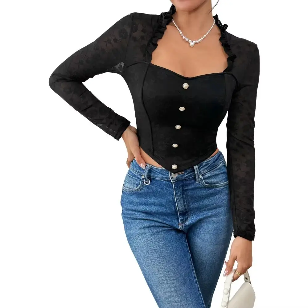 New Women's Slim Fit Long Sleeve Top Black Lace See-through Patchwork Autumn Winter Fashion Translucent Button Detailing