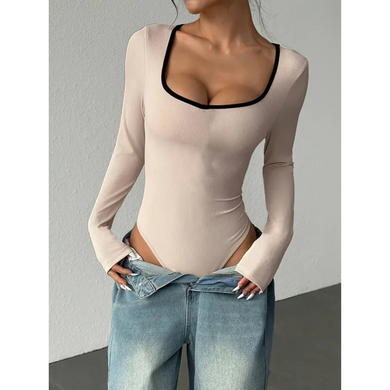 Women'S Sexy Slim-Fit U-Neck Jumpsuit - Long Sleeve Solid Color All-Season Elegant Outfit, Chic & Comfortable