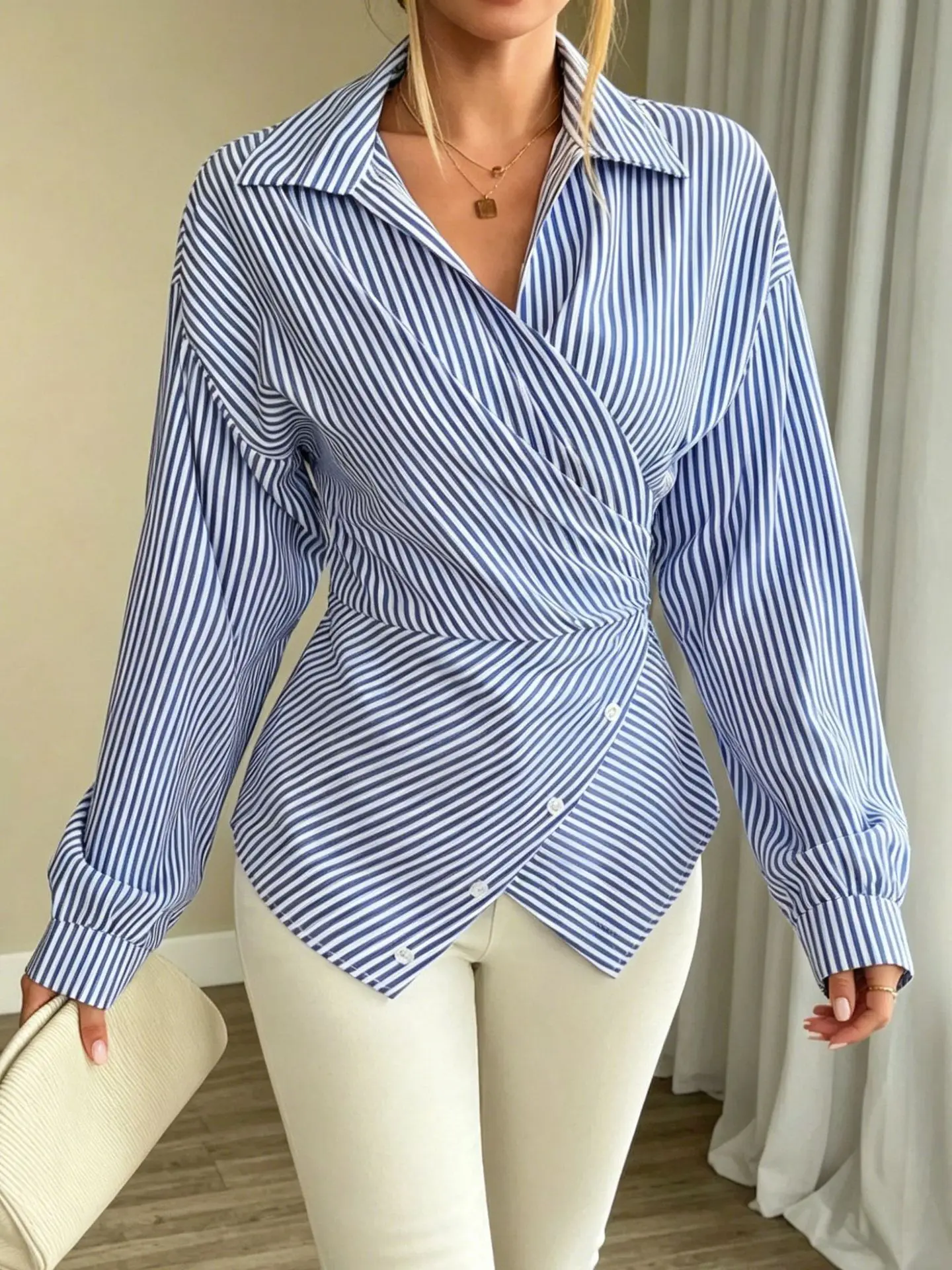 New women's clothing - fashionable vertical stripe wrap-around fitted waist-shaping slimming comfortable long-sleeved shirt