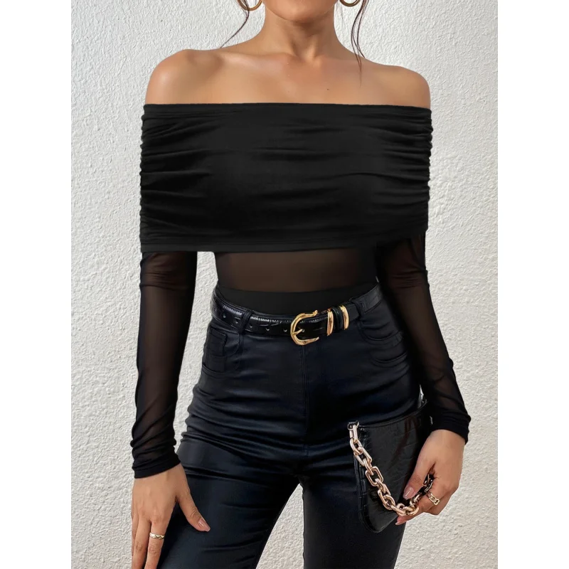 Spring And Autumn Off-Shoulder Long-Sleeve Fitted T-Shirt, Sexy Mesh Spliced Bodysuit Top