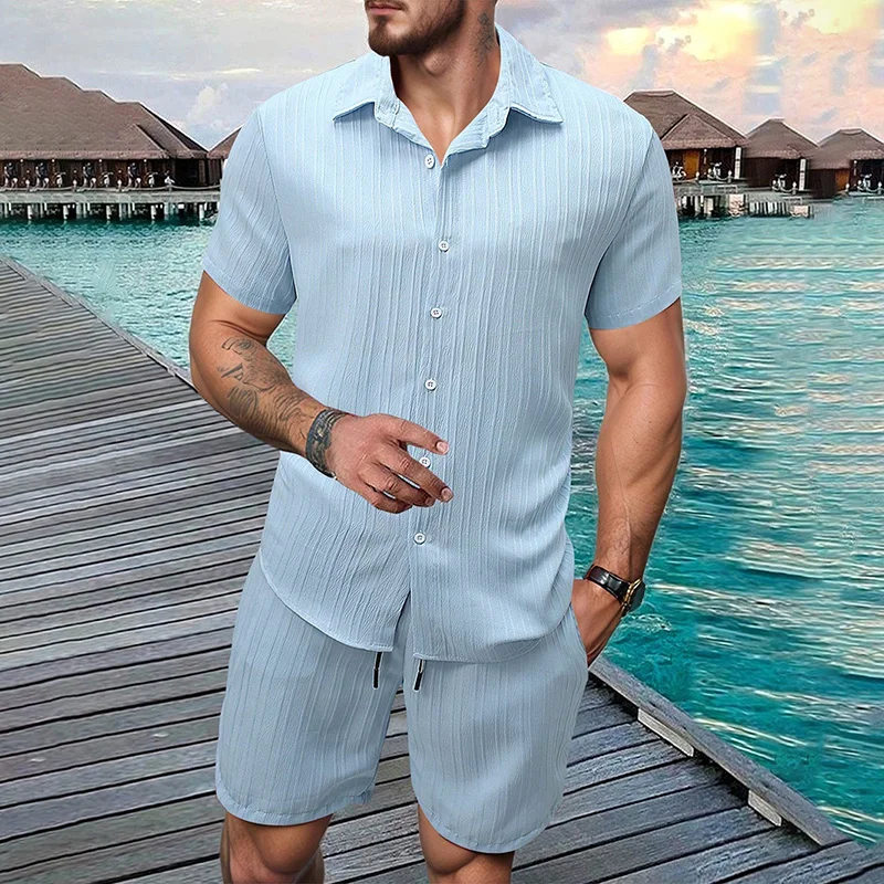 2026 New Men Vertical Wrinkle Lapel Short Sleeve Shirt Shorts 2 Piece Set Regular Fit Summer Beach Daily Casual Matching Outfit