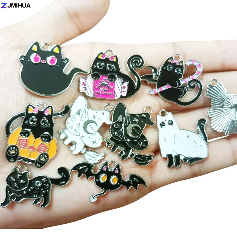 10pcs Halloween Type Enamel Charms Cute Black Cat Pendants For DIY Enliven The Festive Atmosphere Jewelry Making Accessories