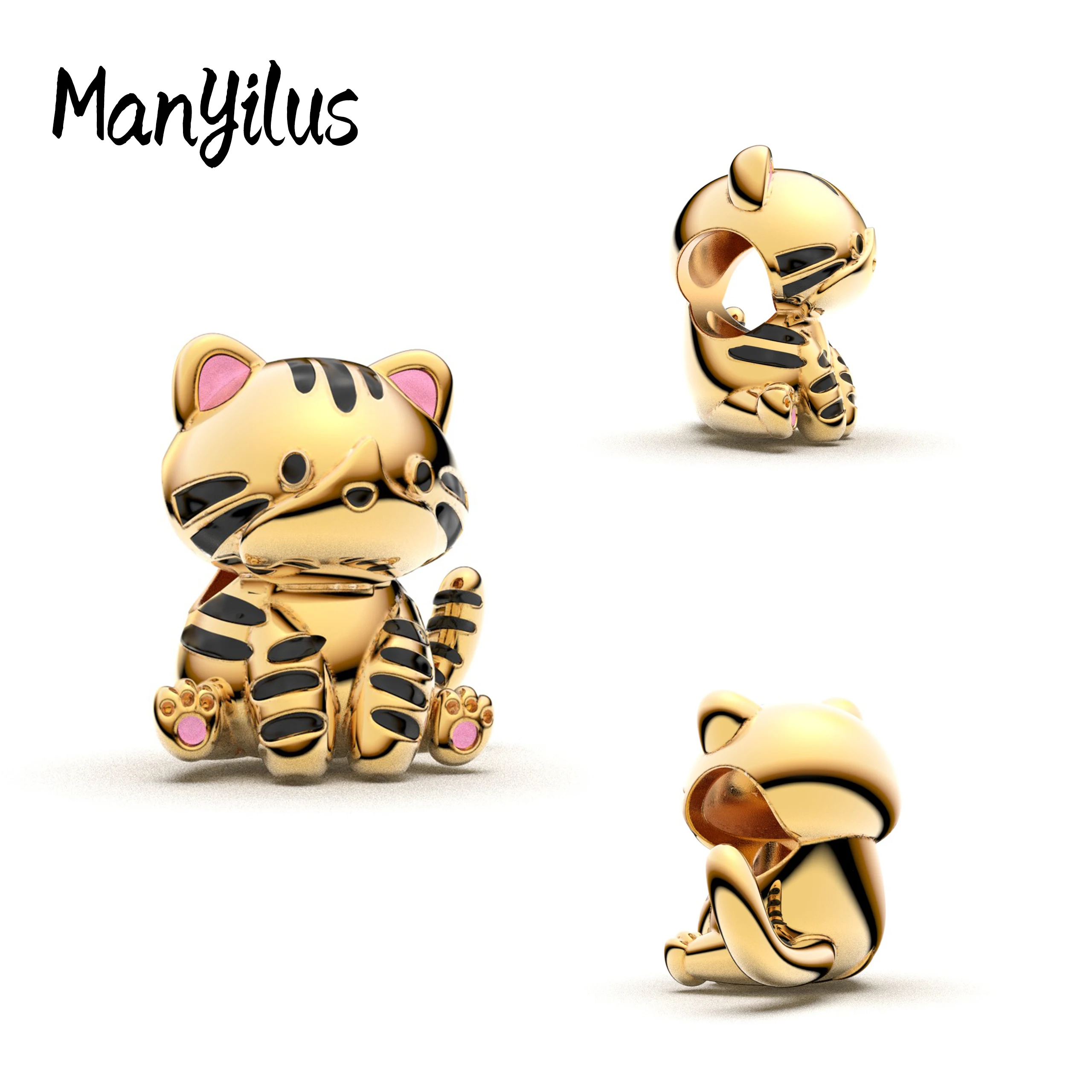 Manyilus Gold Plated 925 Sterling Silver Cute Tabby Cat Charm for Original Bracelet & Necklace Enamel Pet Jewelry Gift