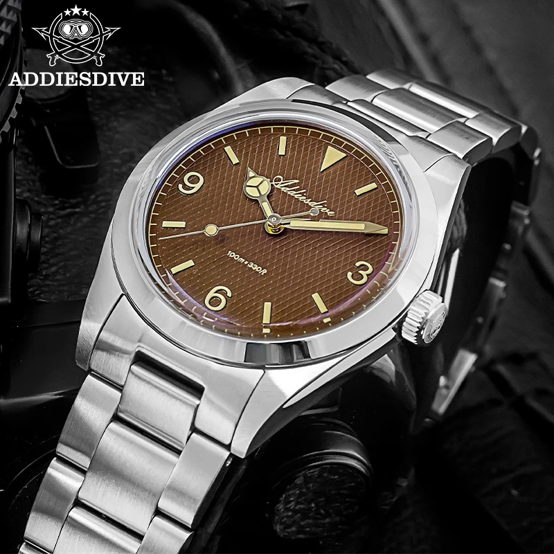 ADDIESDIVE 36mm Quartz Watches For Men Domed Bubble Glass 100m Waterproof Watch Luminous 316L Stainless Steel Vintage Wristwatch