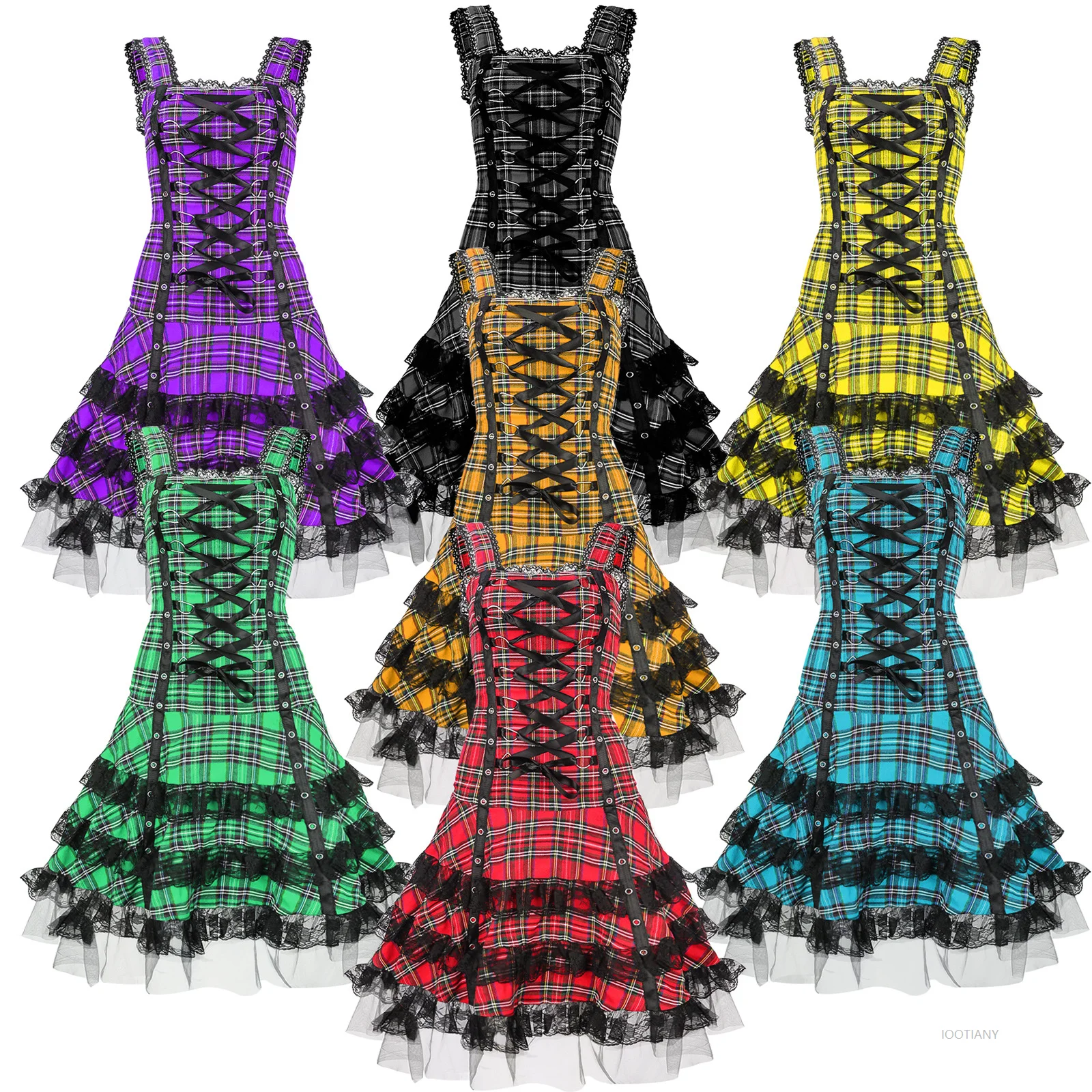 Personalized Lolita Plaid Summer Sleeveless Dress Retro Women's Midi Dress Halloween Cosplay Gothic Slim Lace Ruffle Suspender