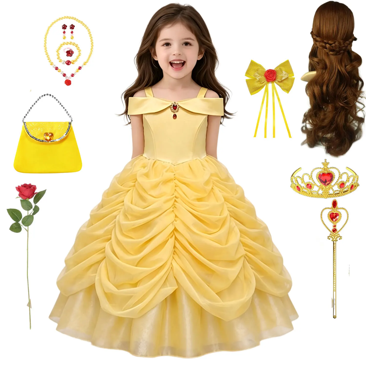Girls Luxury Yellow Off Shoulder Princess Dress Ruby Accents Belle Cosplay Costume Birthday Party Elegant Ruched Tulle Ball Gown