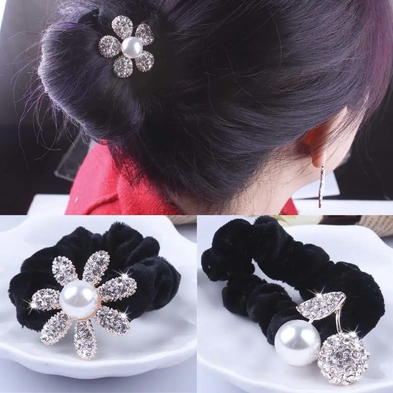 1 PC Black Velvet Scrunchies Pearl Rhinestone Butterfly Flower Hair Ties Holders Bow Headband Elastic Hair Band For Women Girl