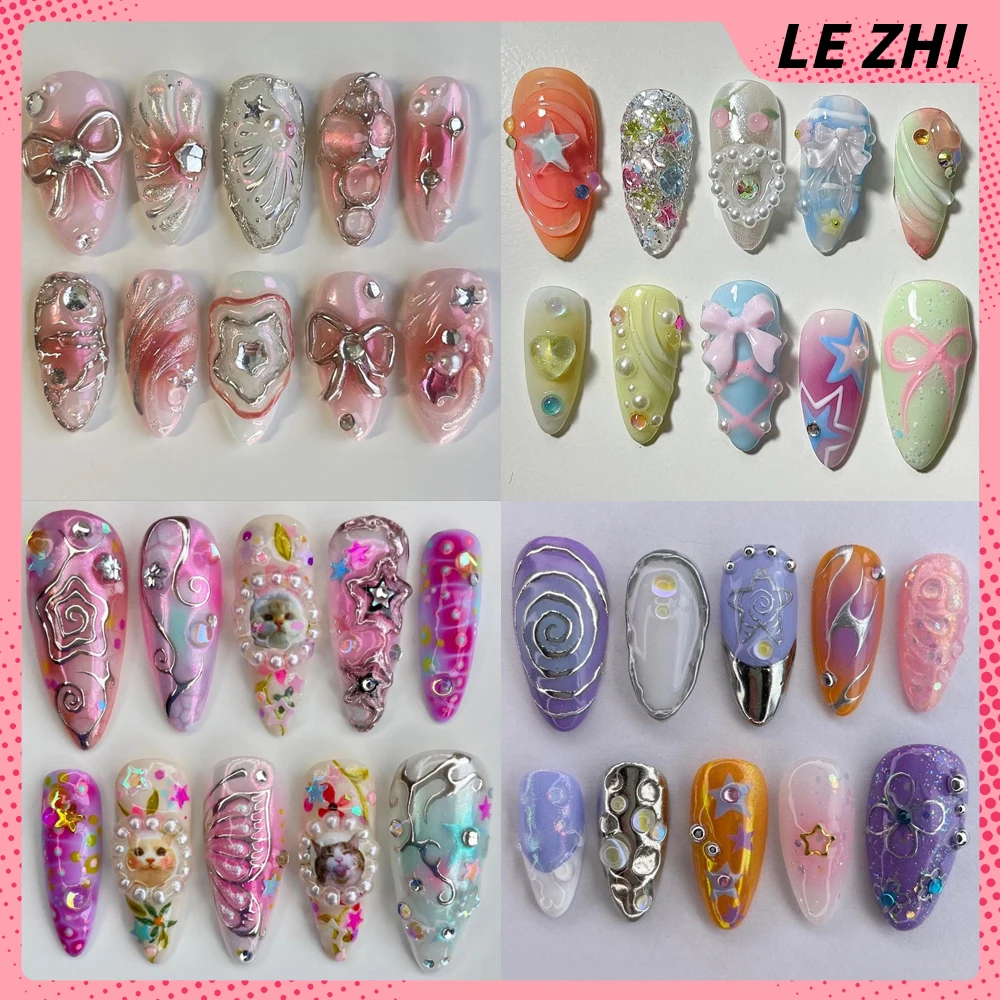 10Pcs Handmade 3D Flower Bow Gel Acrylic Fake Nails Hand-Painted Almond Ballerina Press On Nail Colorful Aurora Nail Party Gift