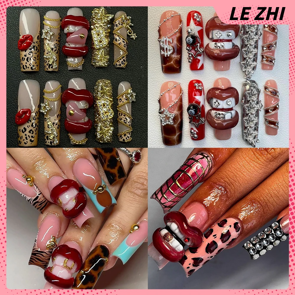 Europe America Y2K Spice Girl Long Square Shape Handmade Press On Nails Water Ripples Lips Teeth Diamond Bow Flowers Fake Nails