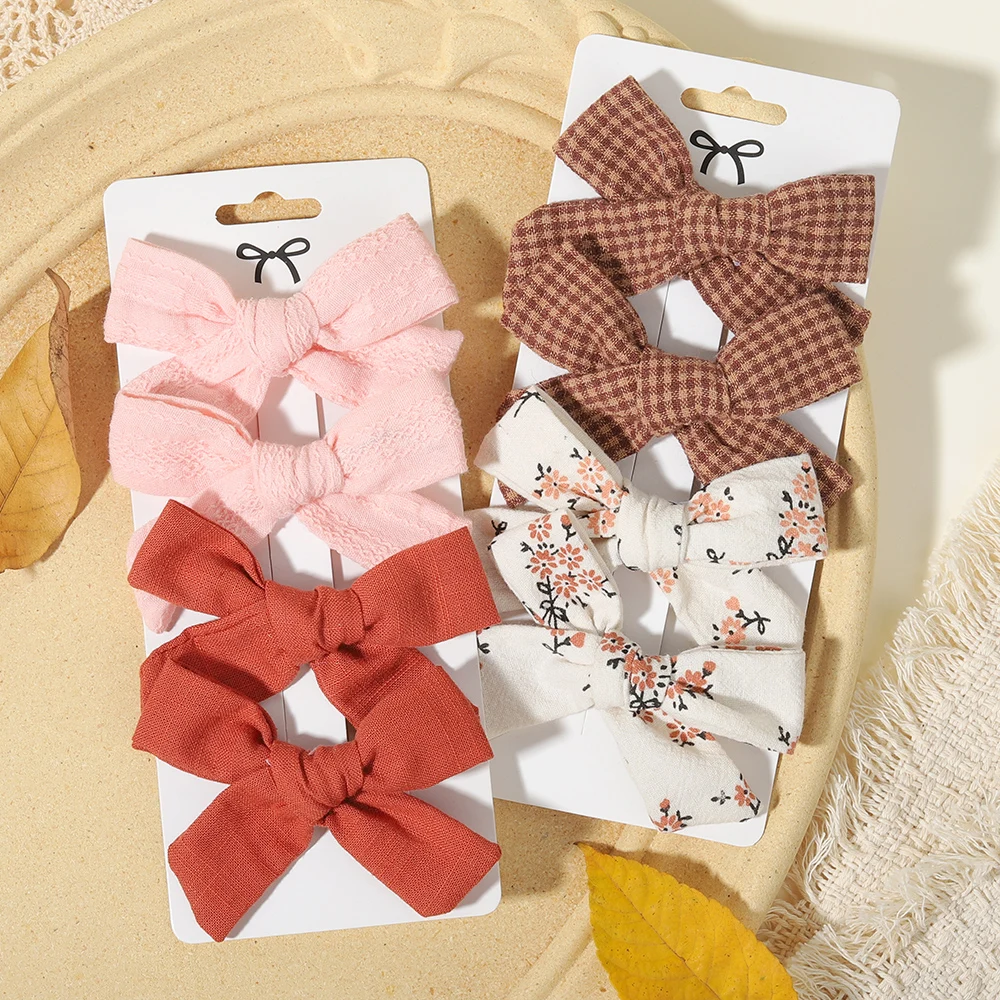 4Pcs/Set Baby Bows Hair Clips Muslin Girls Hairpins Hairclip For Kids Cotton Linen Barrette Flower Print Side Pin Accessories