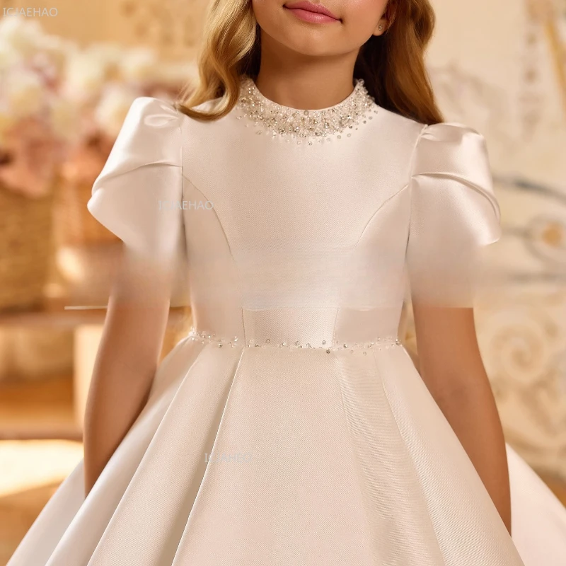 White Wedding Dress for Girls New Satin Princess Host Piano Performance Pageant Costume Party Gown Clothes Children Birthday