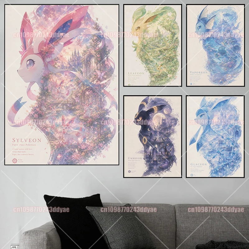 Japanese Anime Peripheral Pokémon Retro Illustration Decoration Wall Art Watercolor Painting Modern Painting Room Decoration