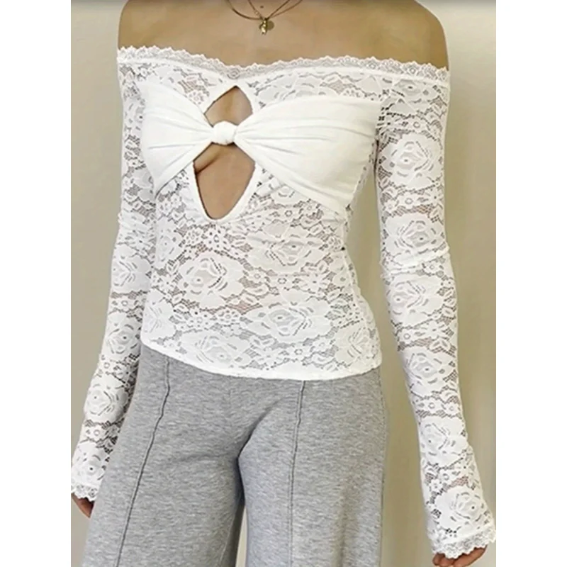Women's One Shoulder Lace Top: Sexy Stretch Polyester Crop Blouse, Sleeveless with Classic White, Ideal for Evening Parties