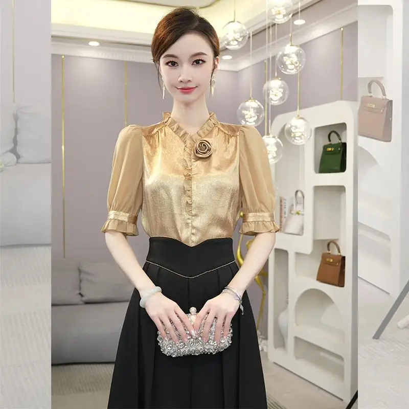 2025 New Summer Light Luxury Temperament Niche Ruffle High-end White Champagne Gold Splicing Shirt Top for Women