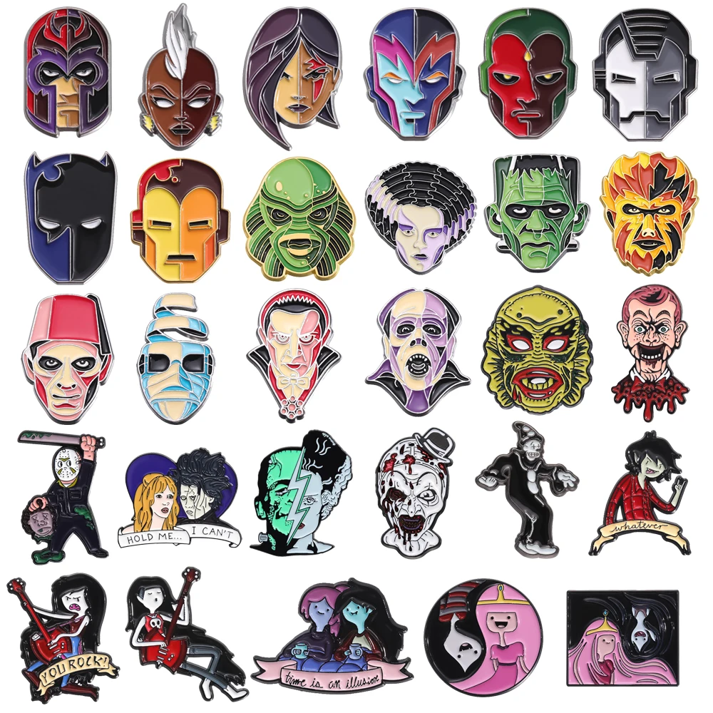 Halloween Horror Mask Brooch Mechanical Clown Figure Head Guitar Ghost Girl Skull Horror Movie Metal Badge Punk Pin Jewelry Gift