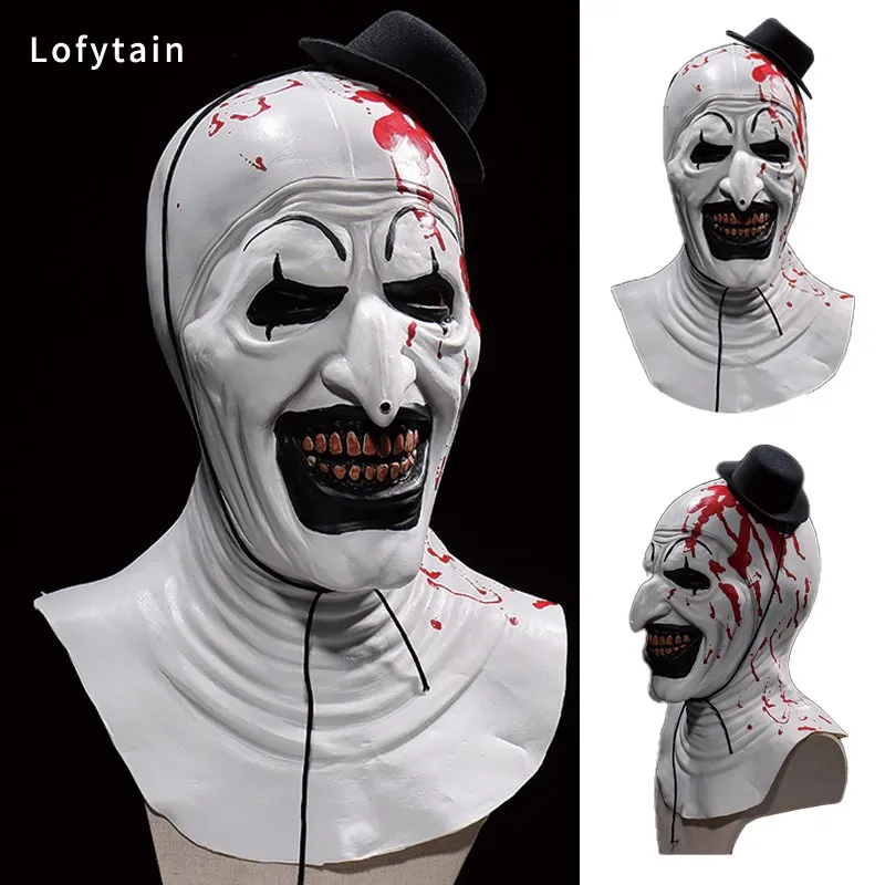 Lofytain Horror Terrifier Art The Clown Mask Cosplay Creepy Bloody Demon Evil Joker Hat Latex Helmet Halloween Party Props