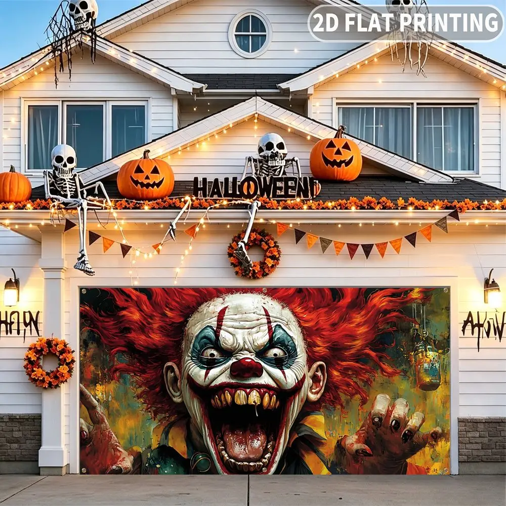 1pc 2D FLAT Halloween Party Garage Banner, Scary Clown Face With Red Hair Pattern, No Power Need, for Garage Door Decor