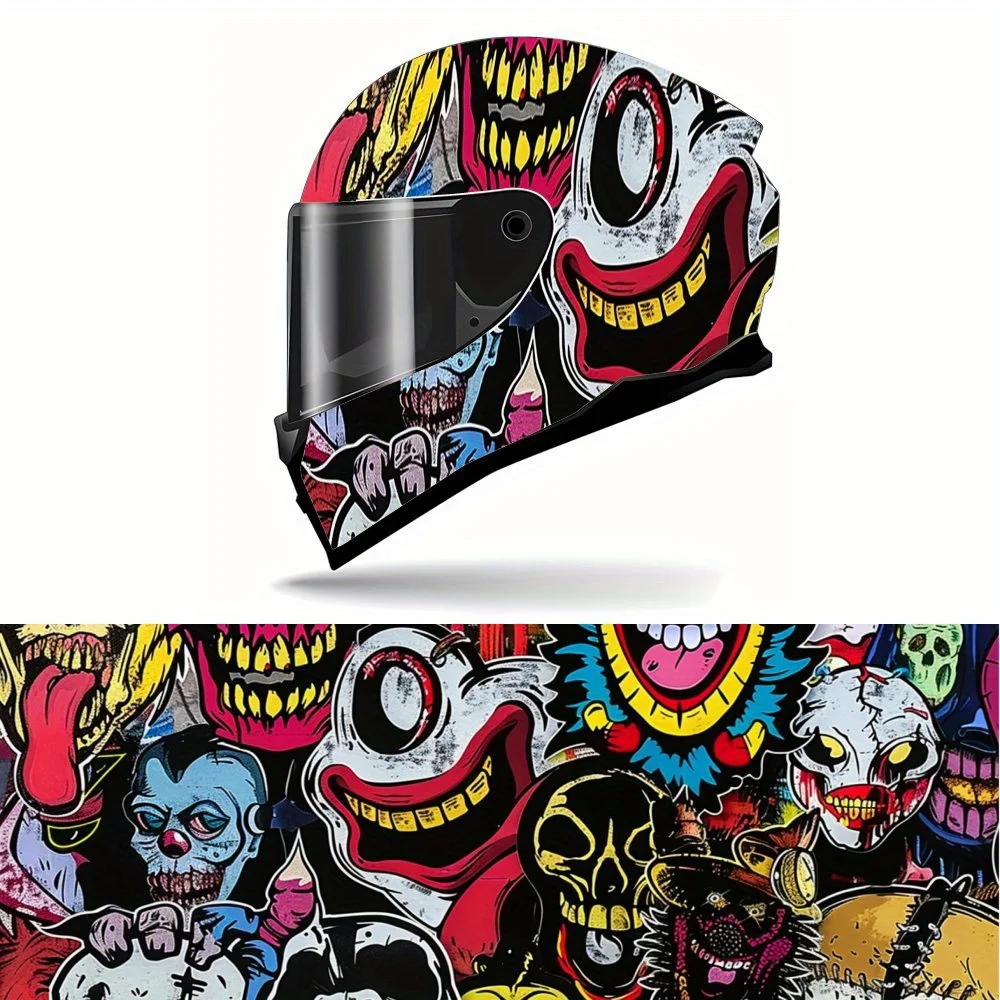 Funny Clown Doodle Full Face Helmet Painting Sticker - Waterproof and Scratch Resistant Self Adhesive PVC Sheet with Artistic Ae