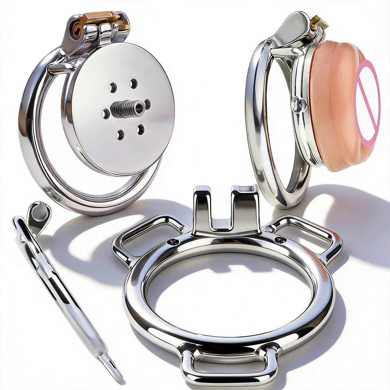 FRRK Clitoris Imitation Metal Flat Chastity Cage With Three Hook New Penis Rings Cockring Hex Screw Connect Feminine Sex Toys