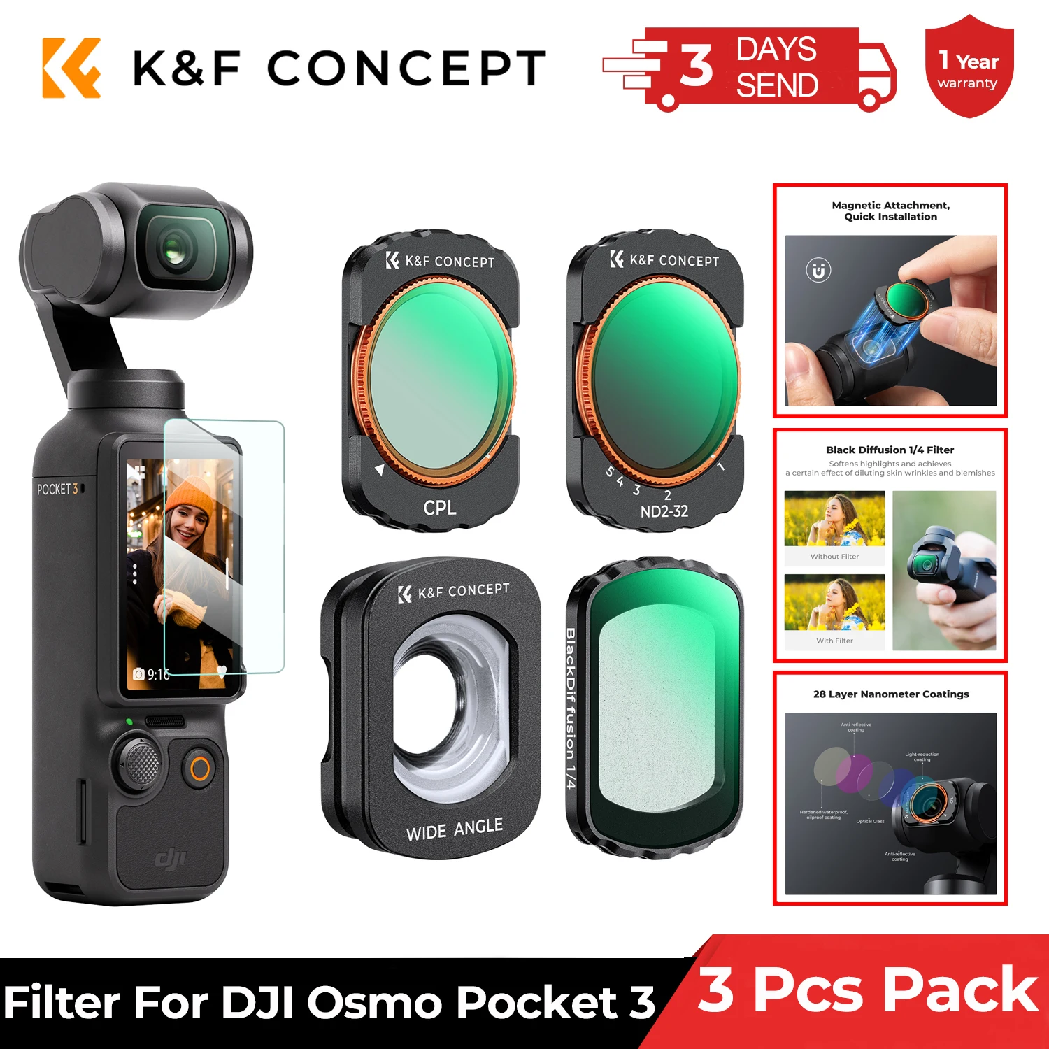 K&F CONCEPT Sports Camera Filters for DJI Osmo Pocket 4 3 Wide Angle Lens 3 Pack Effect Filter Adjustable 2 in 1 Optional Filter