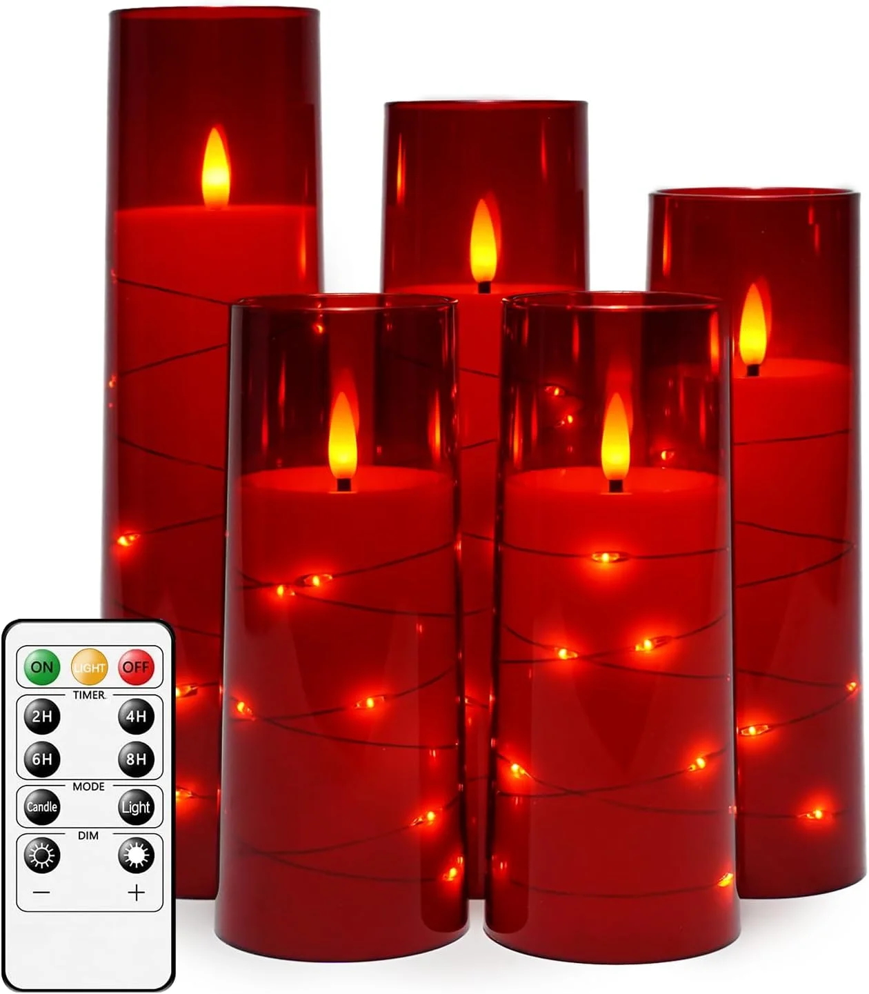 Acrylic 5Pcs Red Battery Operated Flameless LED Candles Timer Flickering Shell Embedded Star String Wedding Holiday Home Decor