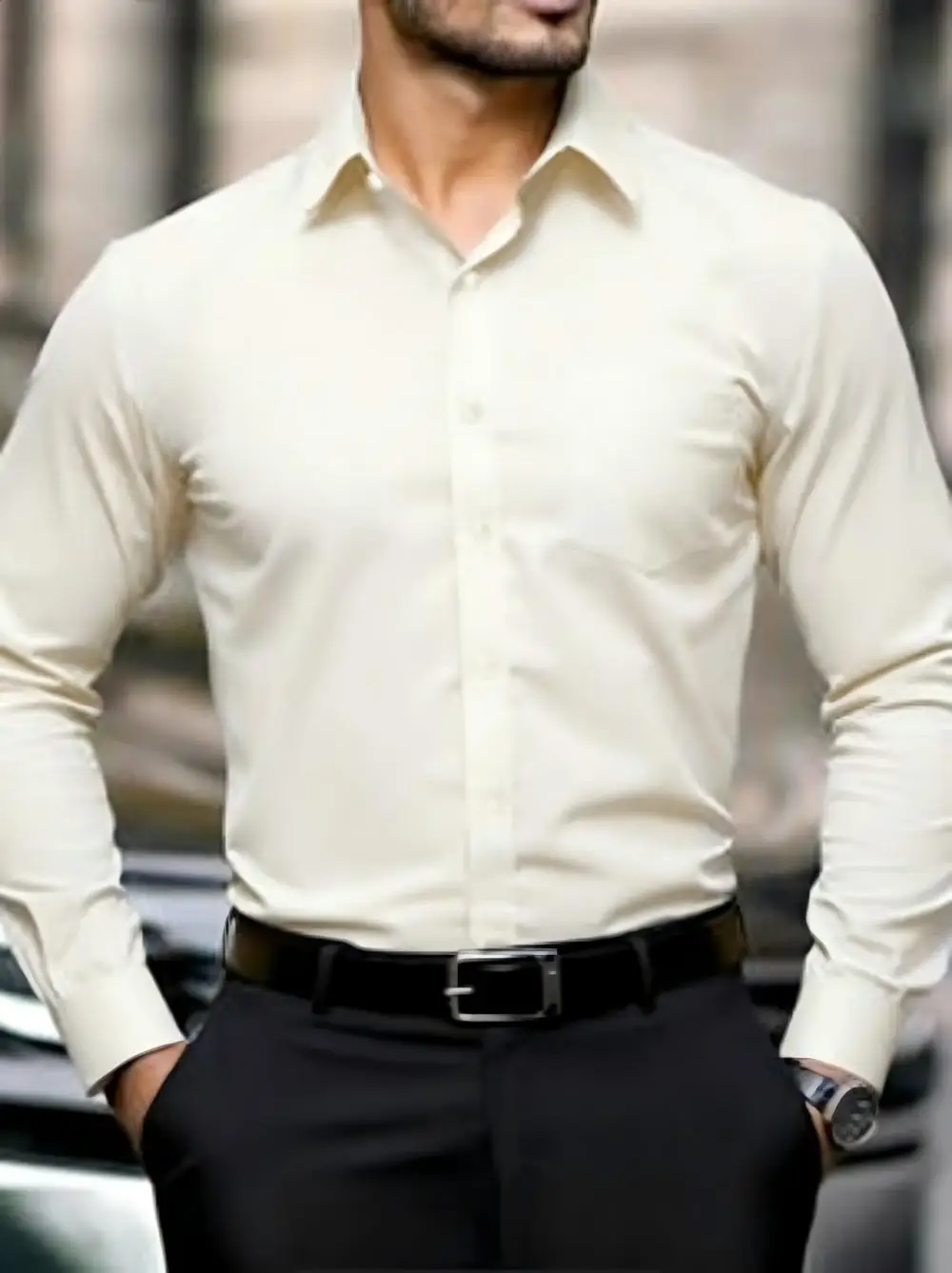 2026 New Plus Size Men's Solid Color Long Sleeved Smart Casual Four Season Slim Fit White Long Sleeved Shirt Men's Business Shir