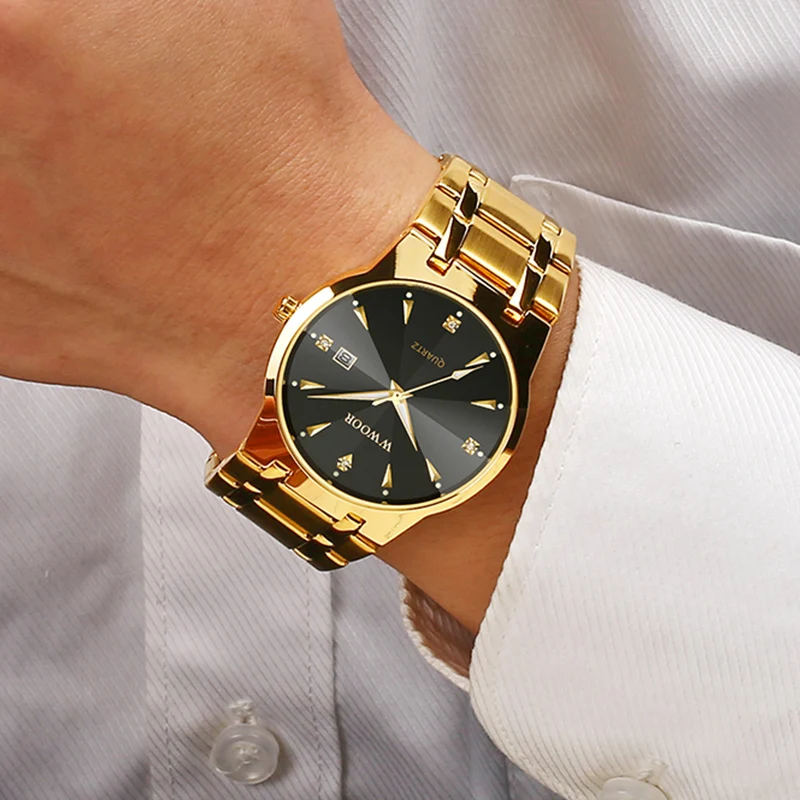 WWOOR Watches For Men Luxury Gold Quartz Clock Automatic Date Man's Wristwatch Sports Waterproof Male Watch Relogio Masculino