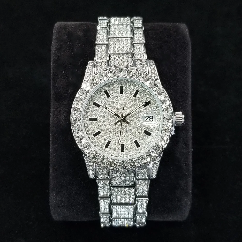 Elegant Diamond Watches Female Fashion Silver Round Stainless Steel Quartz Watch Iced Out Shiny Waterproof Clock Gift for Women
