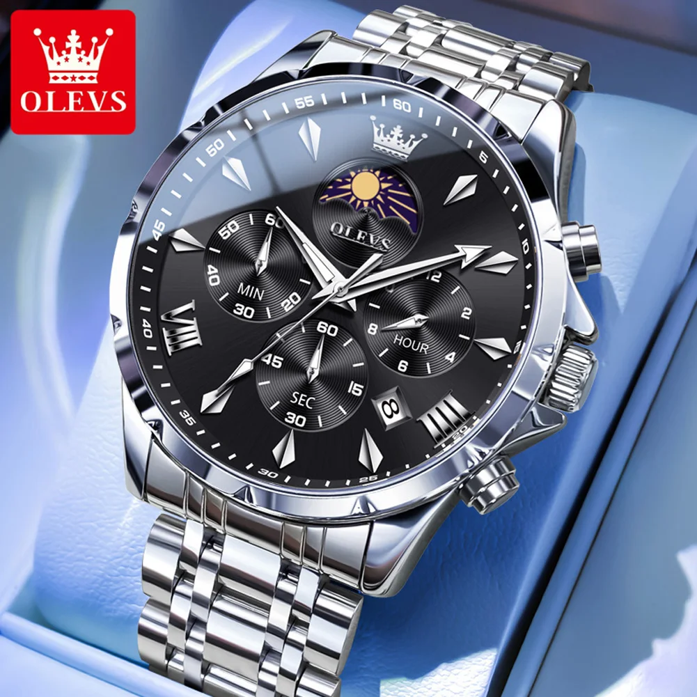 OLEVS 3653 Brand Moon Phase Calendar Men Watch Waterproof Quartz Watch for Male Stainless Steel Business Chronograph Wristwatch