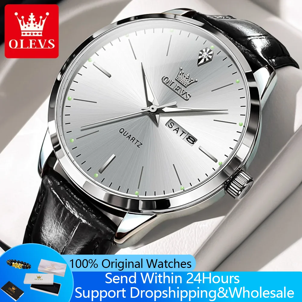 OLEVS 2935 Men's Watch Dual Calendar Waterproof Luminous Quartz Watch For Men 43mm Big Dial Leather Fashion Business Wristwatch