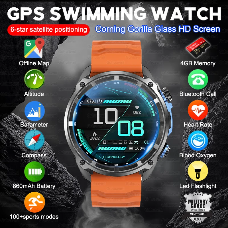 New 4GB Memory Dual-Band GPS Military Smart Watch Men 5ATM Waterproof 860mAh Battery Compass Altimeter Smartwatch For AndroidIOS