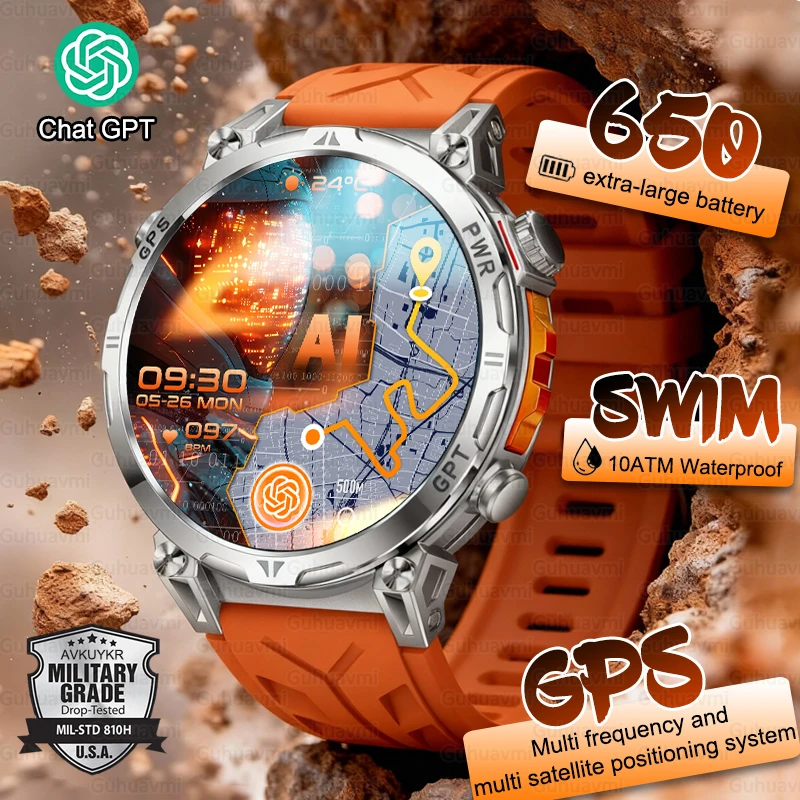 Men's Military Smartwatch GPS 1.56inch AMOLED Screen Bluetooth Call Watches Compass 100+Sports Modes 10ATM Waterproof Smartwatch