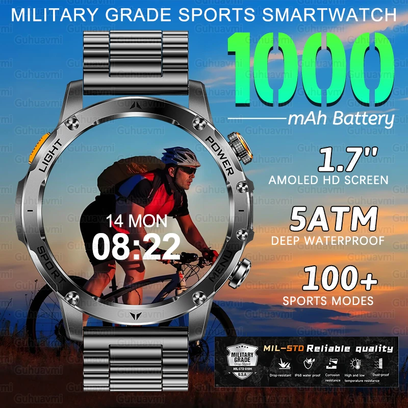 1000mAh Large Battery Smartwatch For Men Bluetooth Call Health Monitoring 5ATM Waterproof 100+ Sports Smart Watch Military Grade