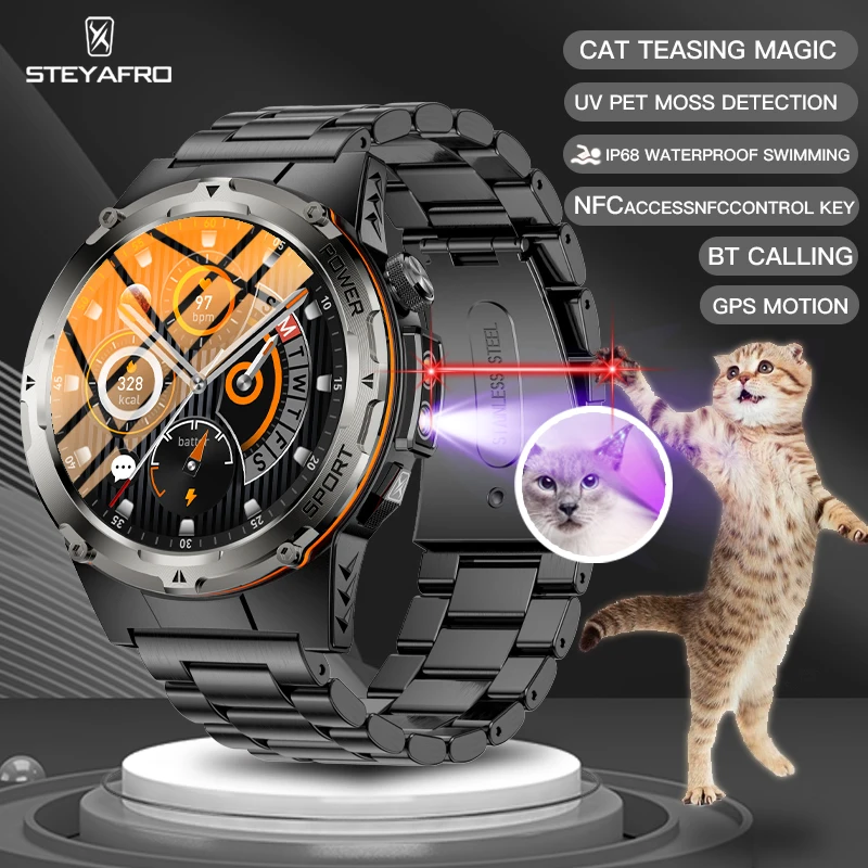 Men's NFC Military Smartwatch IP68 Waterproof Outdoor Sport GPS Health Monitor BT Call UV Cat Teasing Pen