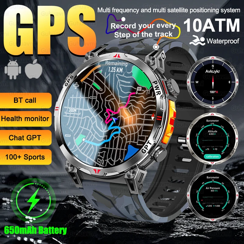 2026 New Military GPS Sports Smart Watch Build-in GPS Compass 10ATM Waterproof 1.56